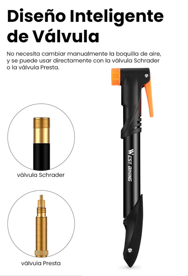 Inflador Bicicleta Manual West Biking 120PSI Mini Portátil Aluminio - Image 2