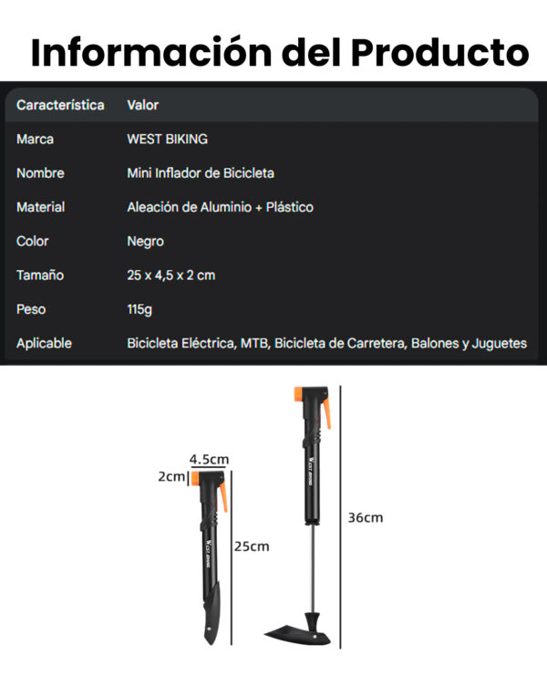 Inflador Bicicleta Manual West Biking 120PSI Mini Portátil Aluminio - Image 4