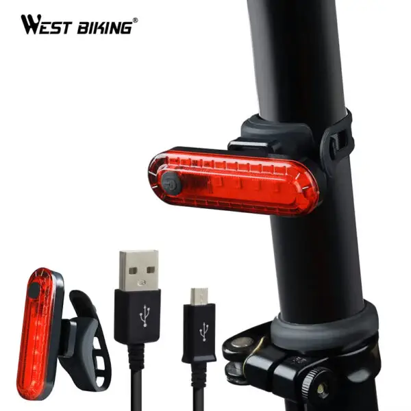 Luz trasera para bicicleta, resistente al agua, recargable vía USB